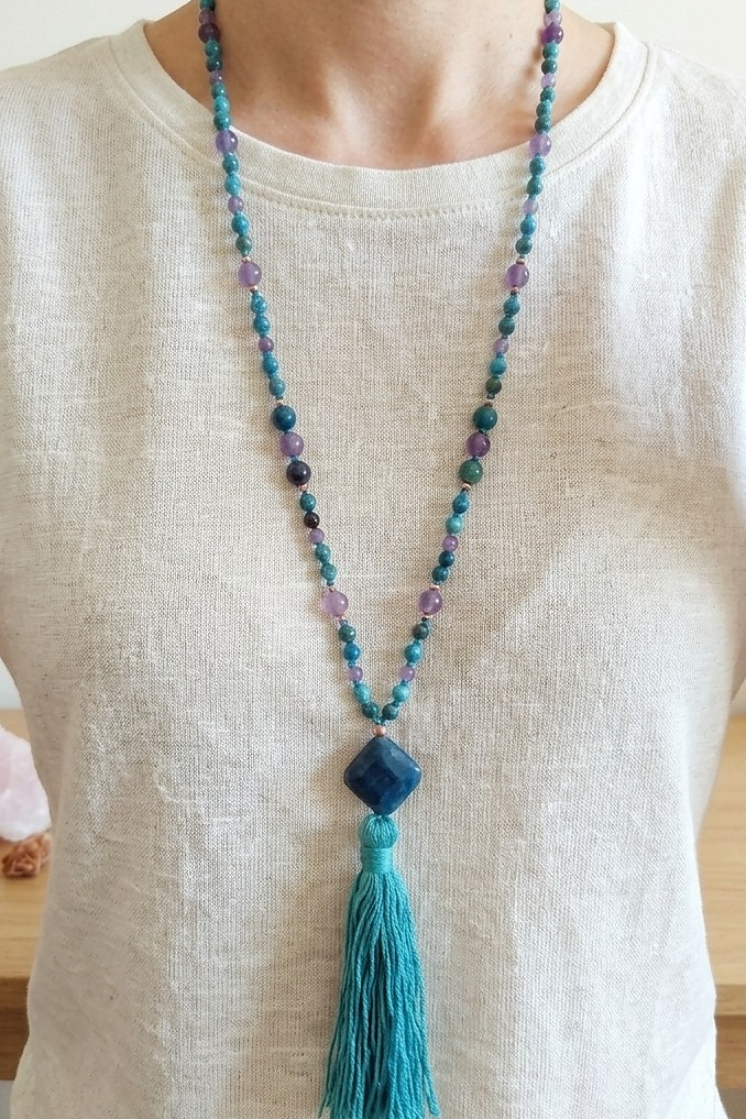 Mala collana 108 perle di Ametista e Apatite, Pietra Guru Apatite, Rame