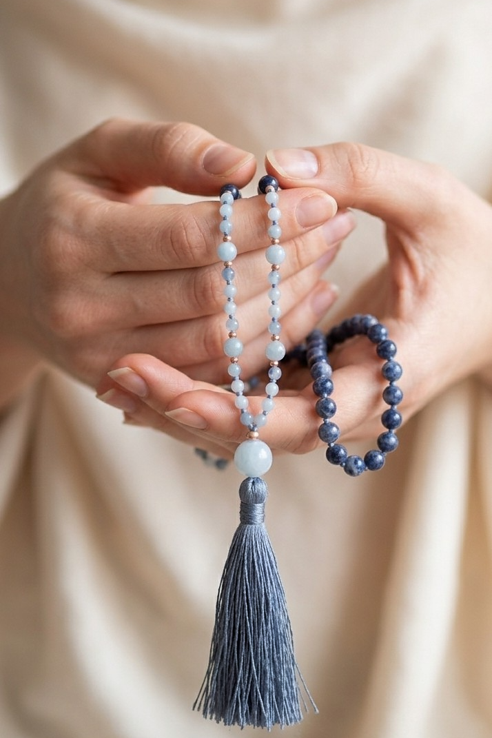 Mala in Dumortierite, Acquamarina, Pietra Guru Acquamarina, Rame