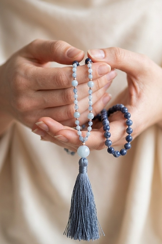 Mala in Dumortierite, Acquamarina, Pietra Guru Acquamarina, Rame