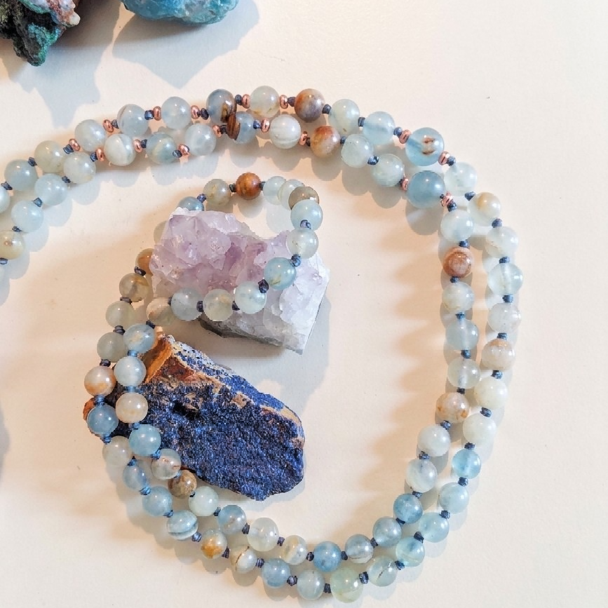 Mala 108 perle Calcite blu, pietra guru Agata, rame