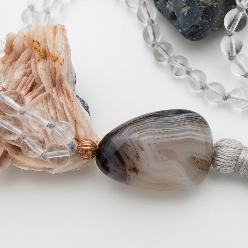 Mala collana da meditazione in Cristallo di Rocca, Pietra Guru Agata botswana, rame