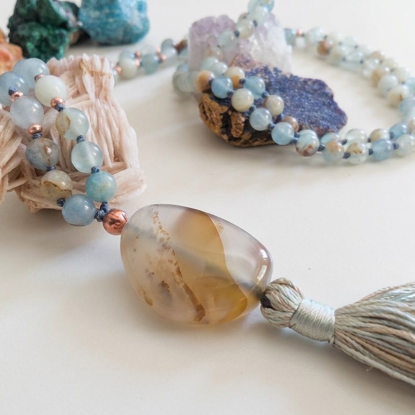 Mala 108 perle Calcite blu, pietra guru Agata, rame