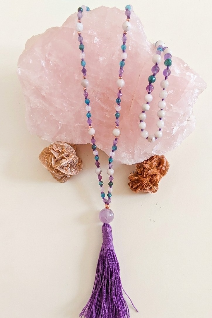 Mala collana 108 perle di Ametista, Magnesite e Apatite, Pietra Guru Ametista, Rame