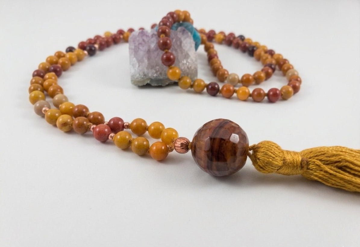 Mala in Mookaite, Pietra Guru Agata, Rame