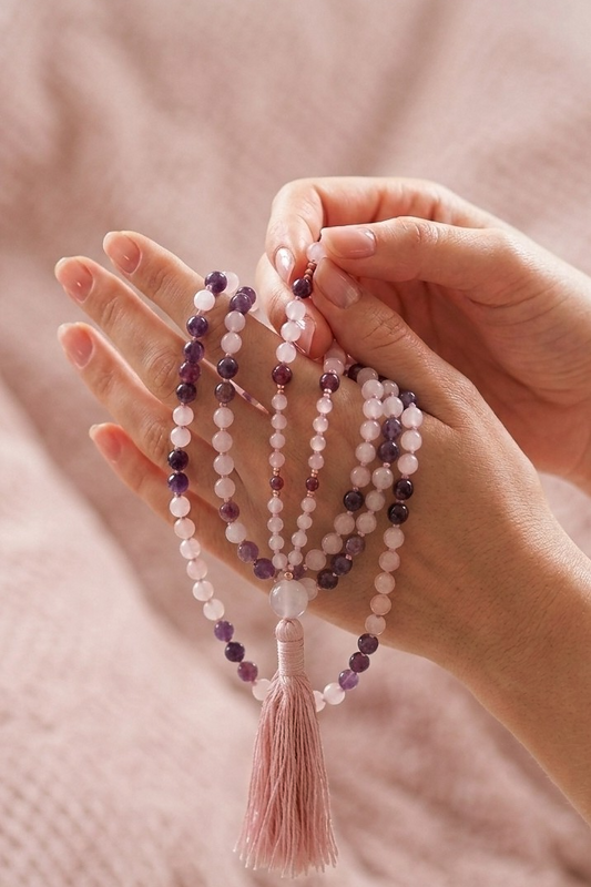Mala con pietre naturali di Quarzo rosa, Granato almandino, Pietra Guru Quarzo rosa, Rame
