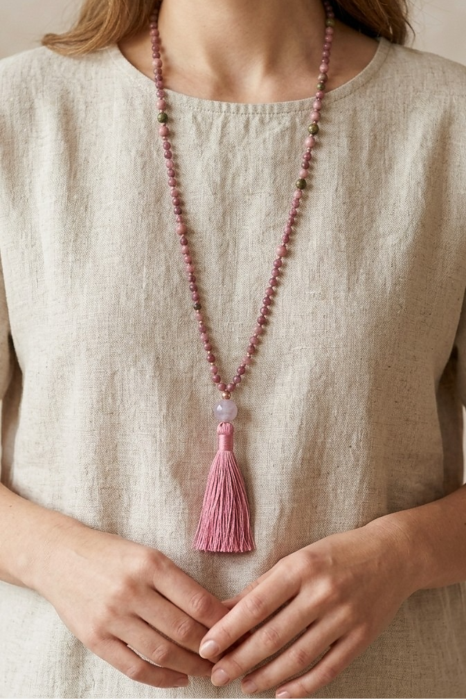 Mala 108 perle di Rodonite, Unakite, Lepidolite, Pietra Guru Ametista, rame
