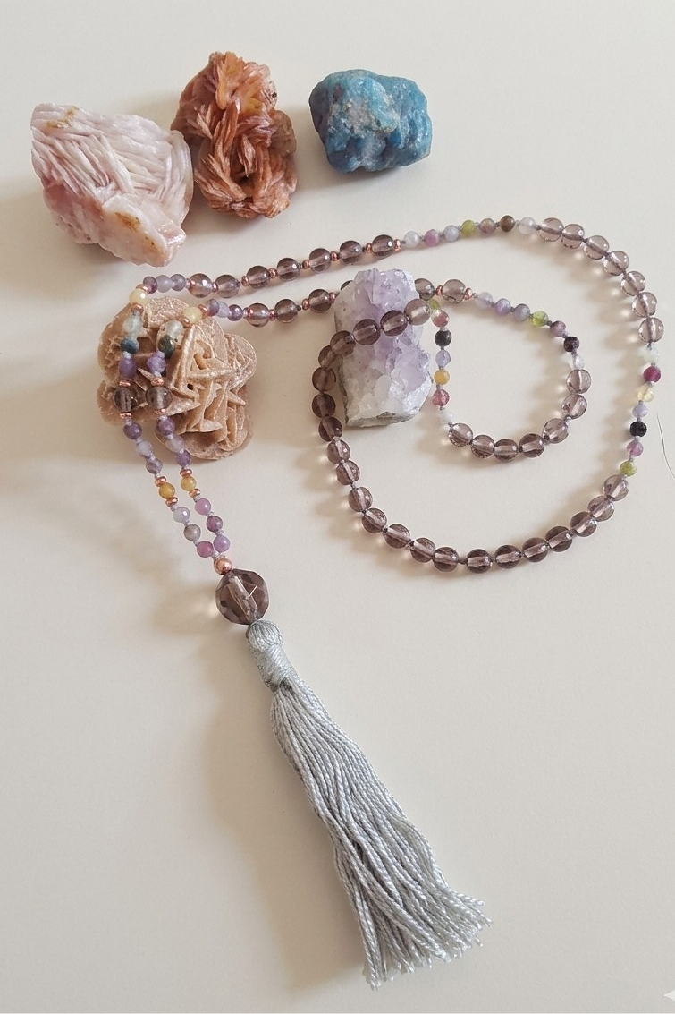 Mala da meditazione 108 Quarzo Fumè, Tormalina vari colori, pietra guru Quarzo Fumé , rame