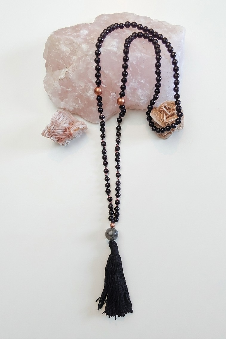 Mala da meditazione 108 perle Onice, pietra guru Quarzo Tormalinato, rame