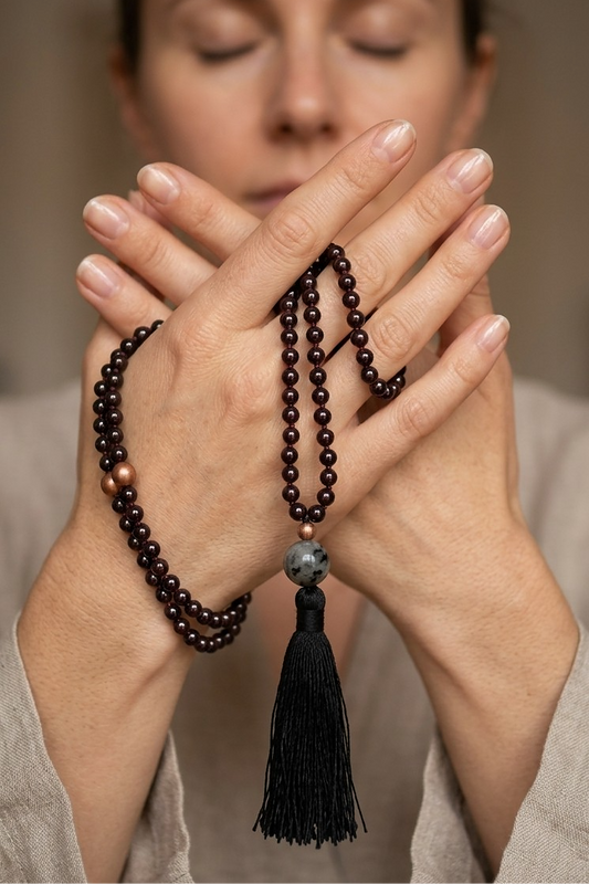 Mala da meditazione 108 perle Onice, pietra guru Quarzo Tormalinato, rame