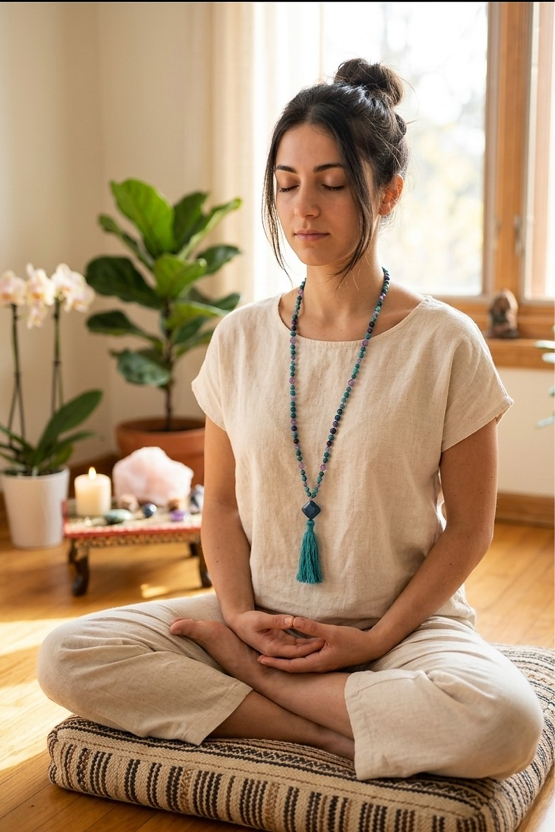 Mala collana 108 perle di Ametista e Apatite, Pietra Guru Apatite, Rame