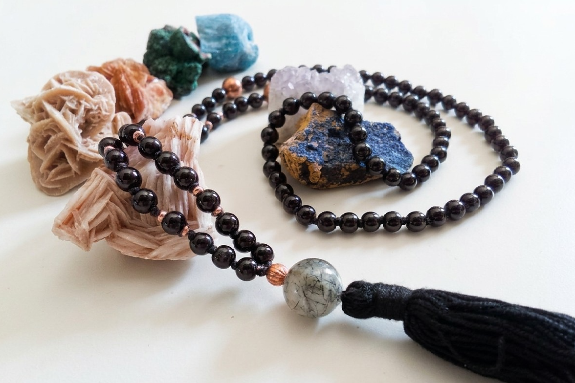 Mala da meditazione 108 perle Onice, pietra guru Quarzo Tormalinato, rame