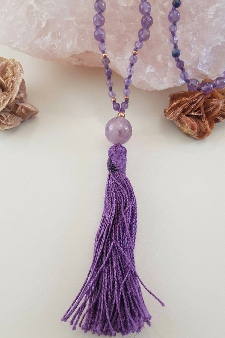 Mala collana 108 perle di Ametista e Lapislazzuli, Pietra Guru Ametista, Rame