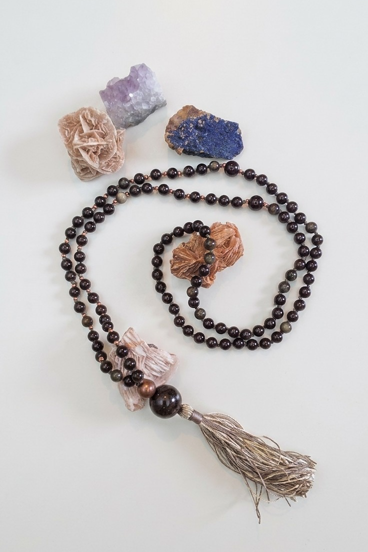 Mala da meditazione in Ossidiana dorata, Pietra Guru Ossidiana dorata, Rame