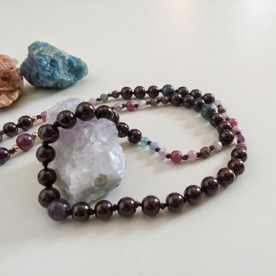 Mala 108 perle Tormalina naturale vari colori e Onice, Pietra Guru Onice, Rame