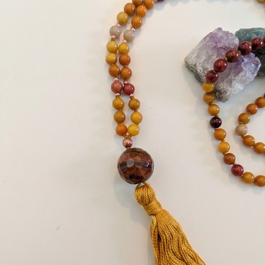 Mala in Mookaite, Pietra Guru Agata, Rame