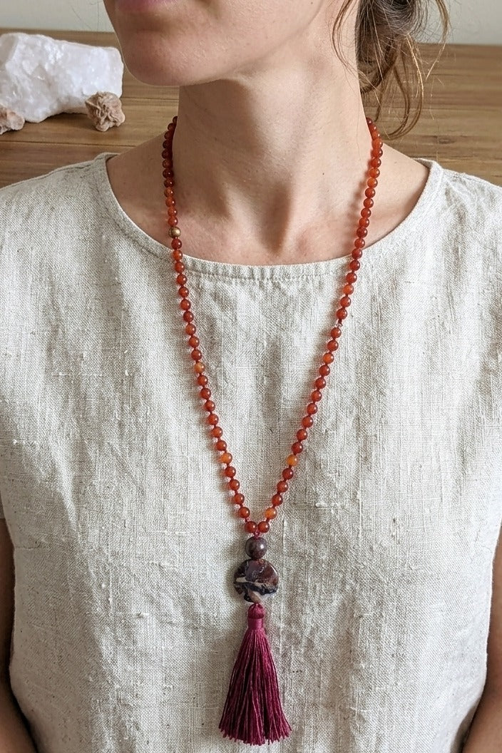 Mala fatta a mano con pietre dure naturali in Agata rossa, Lepidolite, Pietra Guru Diaspro oceano, Rame