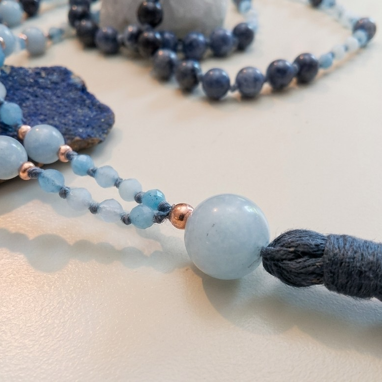 Mala in Dumortierite, Acquamarina, Pietra Guru Acquamarina, Rame