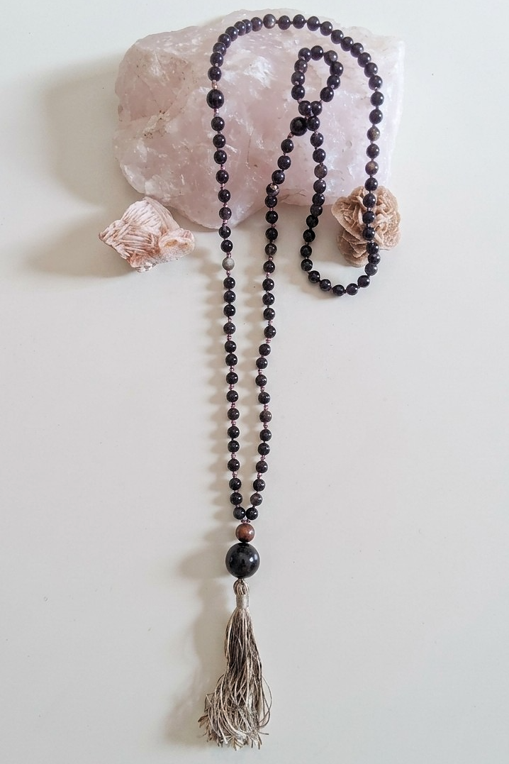 Mala da meditazione in Ossidiana dorata, Pietra Guru Ossidiana dorata, Rame