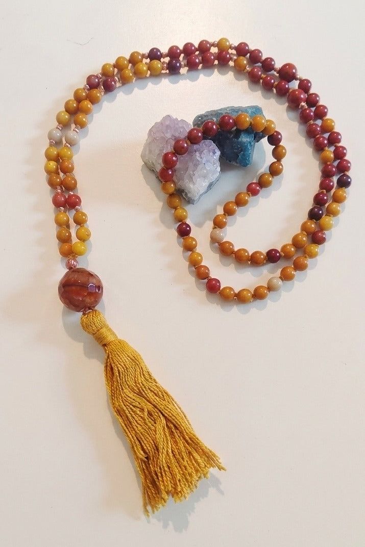 Mala in Mookaite, Pietra Guru Agata, Rame