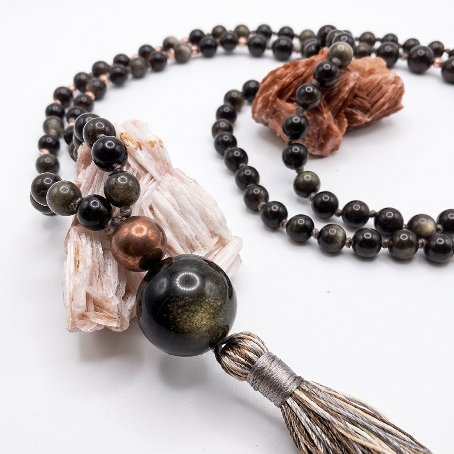 Mala da meditazione in Ossidiana dorata, Pietra Guru Ossidiana dorata, Rame