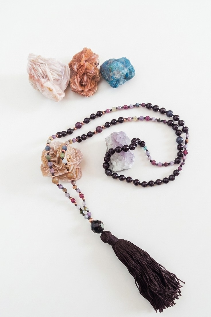 Mala 108 perle Tormalina naturale vari colori e Onice, Pietra Guru Onice, Rame