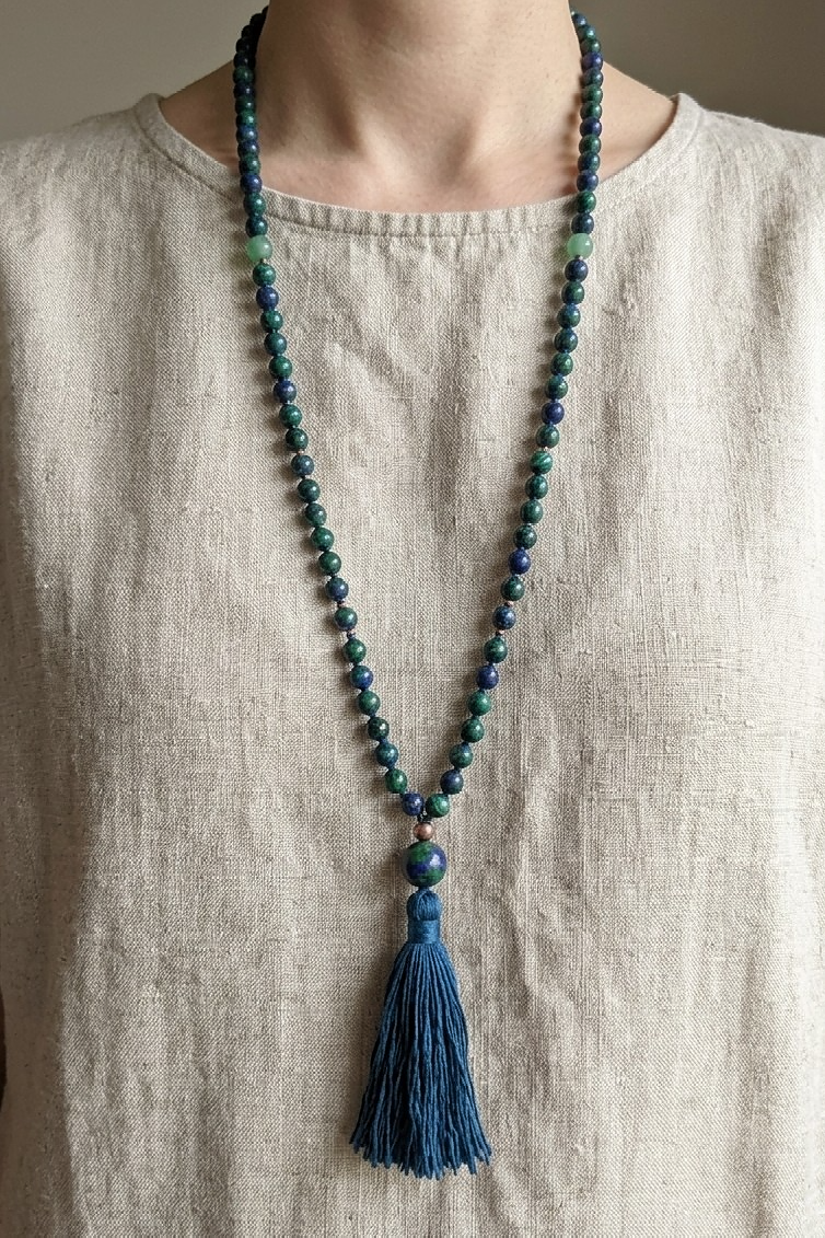 Mala collana da meditazione in Azzurrite, Rame