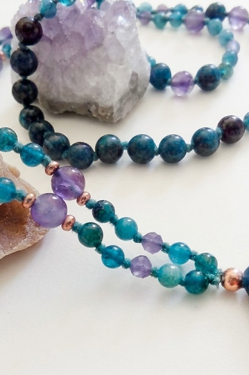 Mala collana 108 perle di Ametista e Apatite, Pietra Guru Apatite, Rame