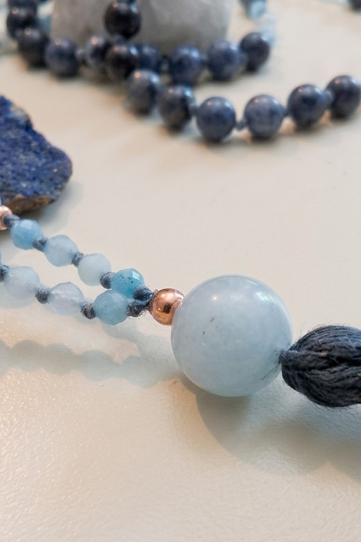 Mala in Dumortierite, Acquamarina, Pietra Guru Acquamarina, Rame