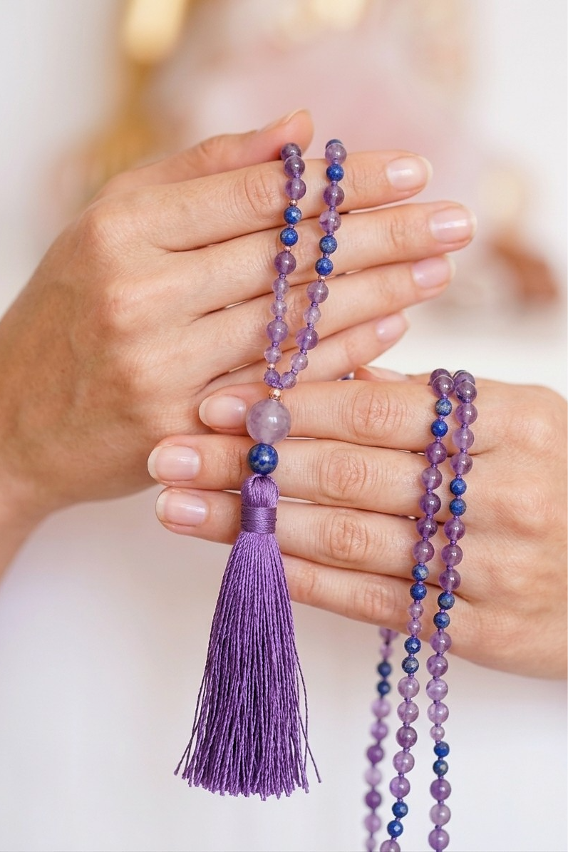 Mala collana 108 perle di Ametista e Lapislazzuli, Pietra Guru Ametista, Rame