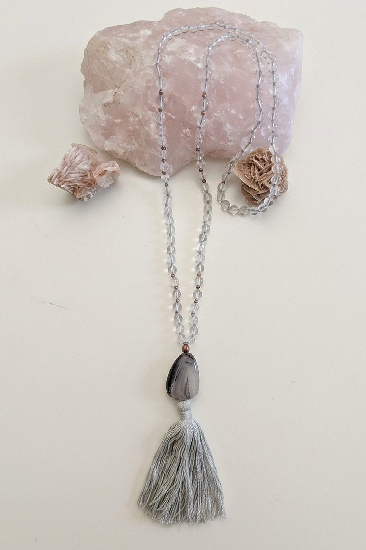 Mala collana da meditazione in Cristallo di Rocca, Pietra Guru Agata botswana, rame