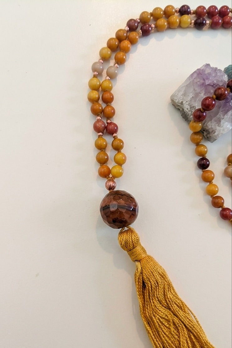 Mala in Mookaite, Pietra Guru Agata, Rame