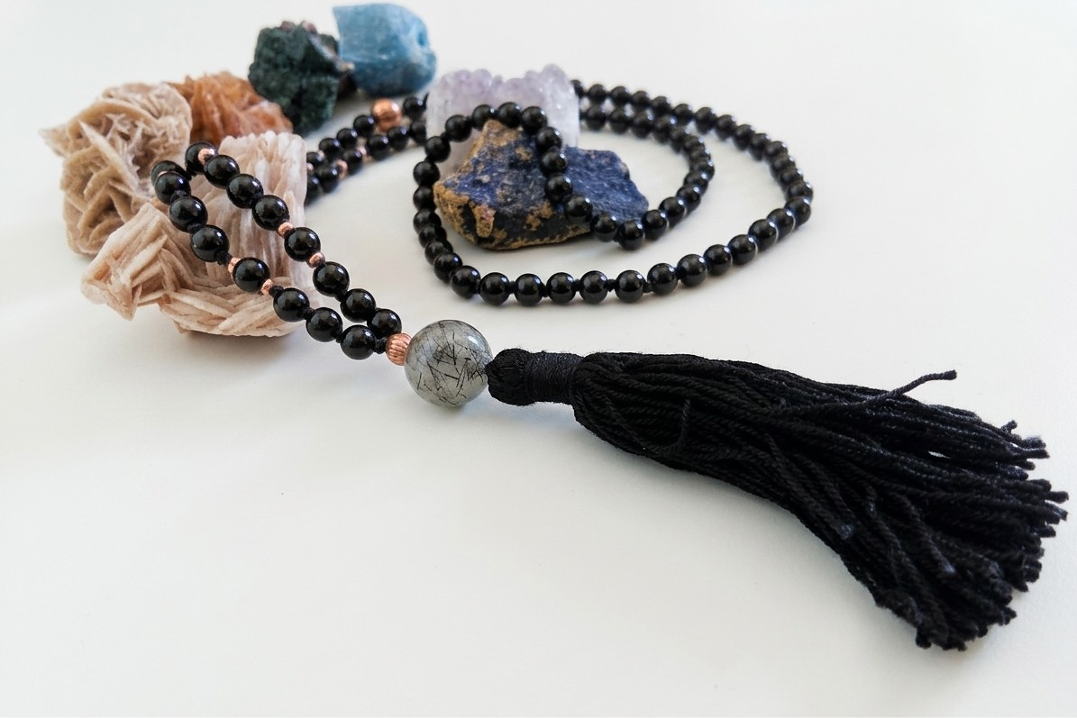 Mala da meditazione 108 perle Onice, pietra guru Quarzo Tormalinato, rame