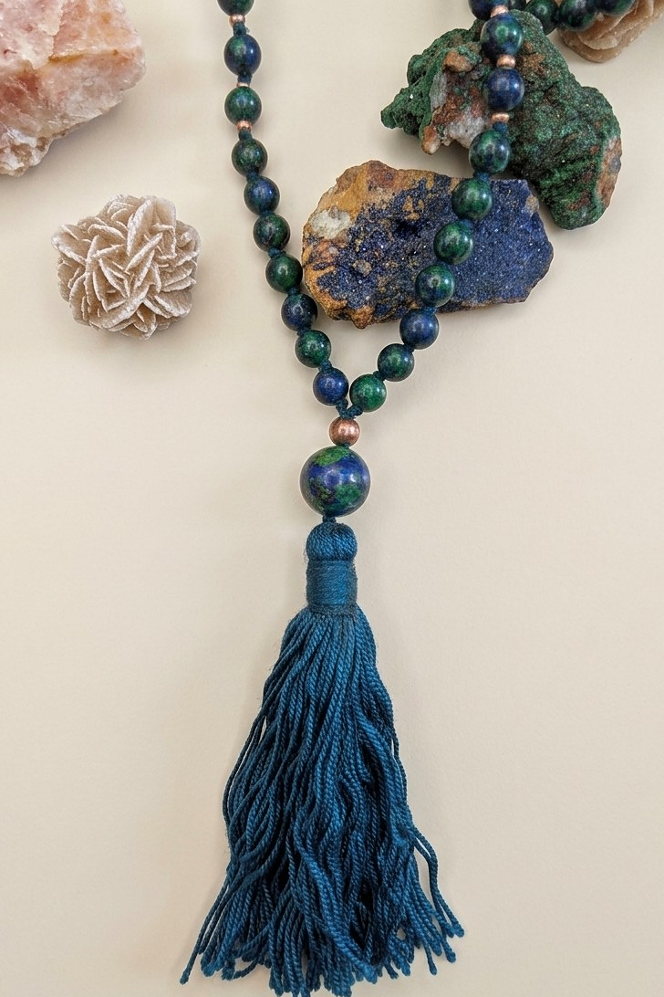 Mala collana da meditazione in Azzurrite, Rame