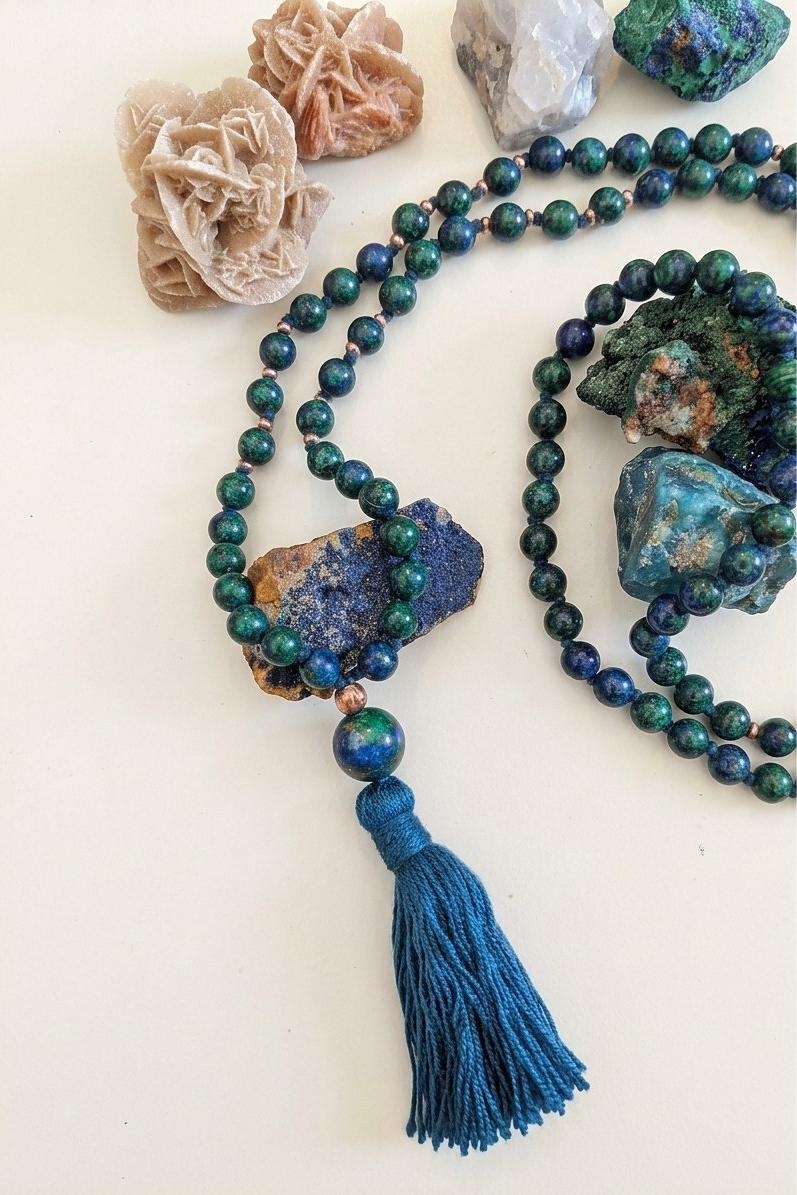 Mala collana da meditazione in Azzurrite, Rame