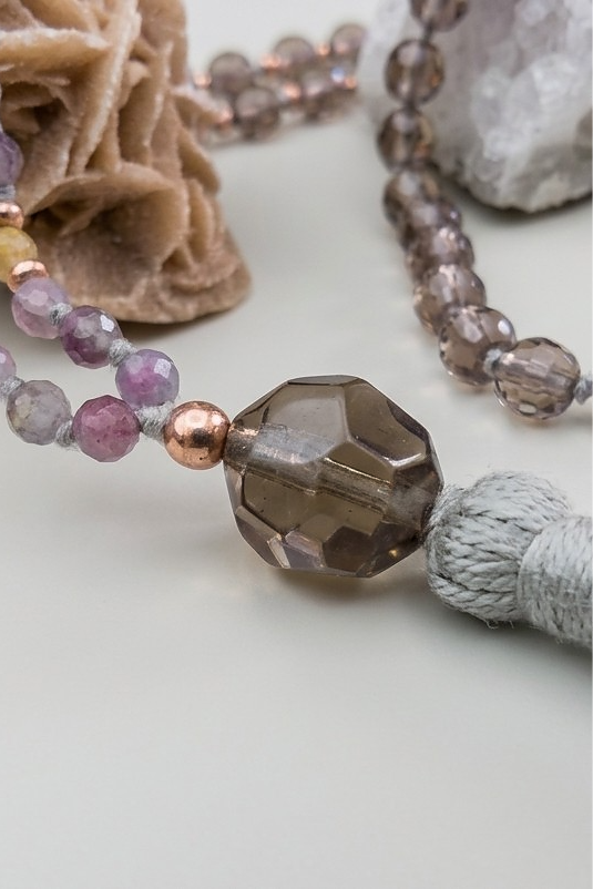 Mala da meditazione 108 Quarzo Fumè, Tormalina vari colori, pietra guru Quarzo Fumé , rame