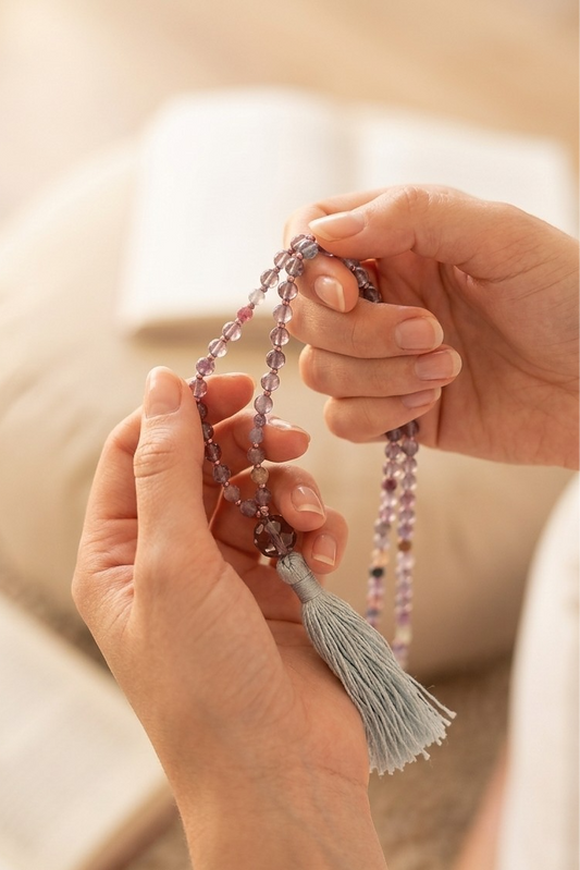 Mala da meditazione 108 Quarzo Fumè, Tormalina vari colori, pietra guru Quarzo Fumé , rame