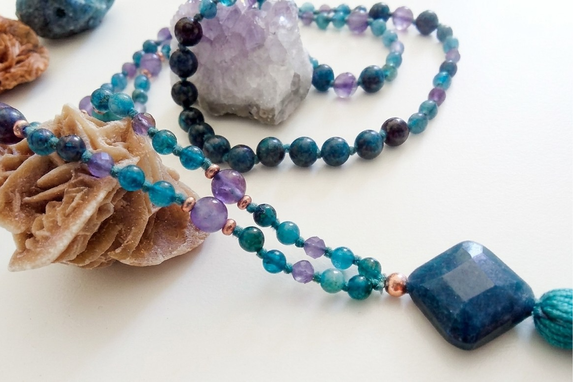 Mala collana 108 perle di Ametista e Apatite, Pietra Guru Apatite, Rame