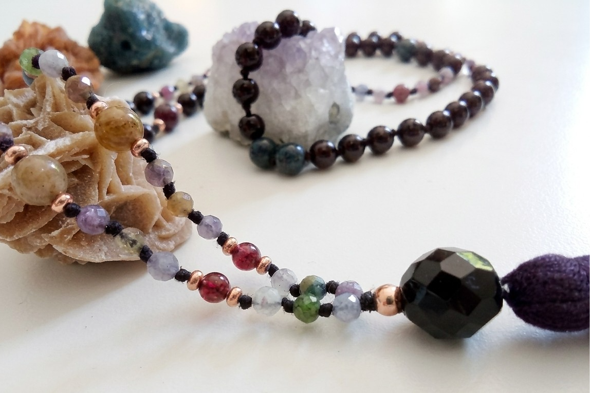 Mala 108 perle Tormalina naturale vari colori e Onice, Pietra Guru Onice, Rame