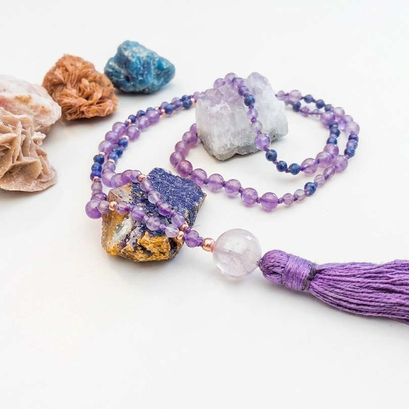 Mala collana 108 perle di Ametista e Lapislazzuli, Pietra Guru Ametista, Rame