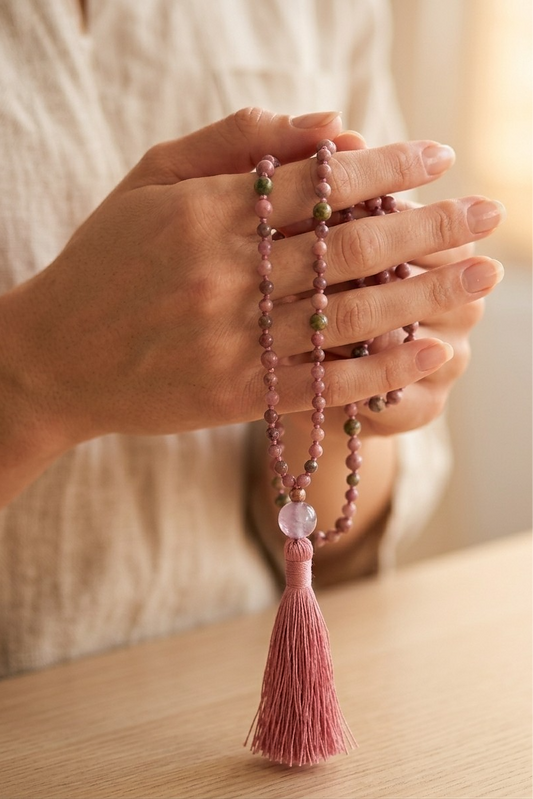 Mala 108 perle di Rodonite, Unakite, Lepidolite, Pietra Guru Ametista, rame