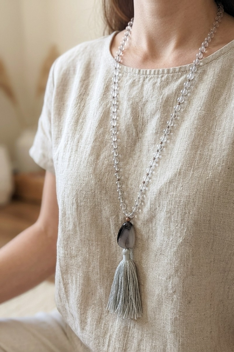 Mala collana da meditazione in Cristallo di Rocca, Pietra Guru Agata botswana, rame