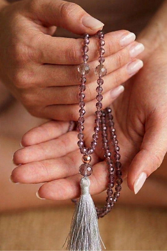 Mala da meditazione 108 perle Quarzo Fumè, pietra guru Quarzo Fumè, rame