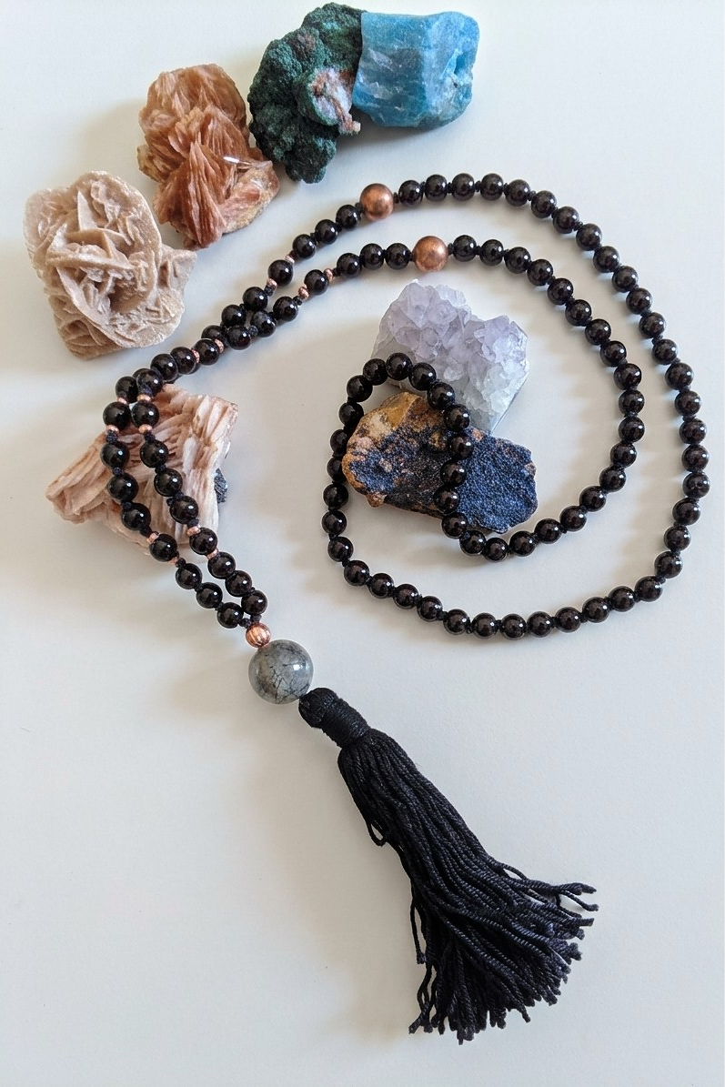 Mala da meditazione 108 perle Onice, pietra guru Quarzo Tormalinato, rame