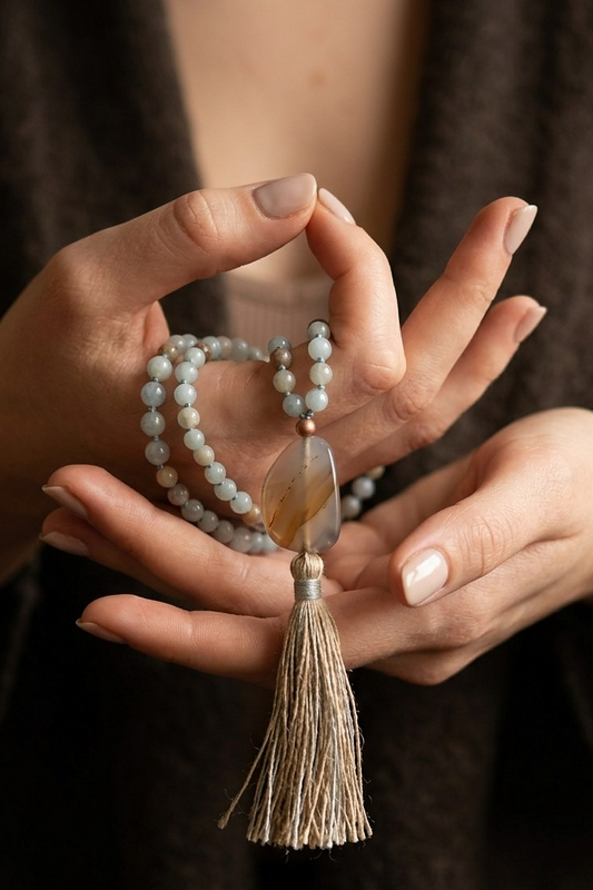 Mala 108 perle Calcite blu, pietra guru Agata, rame