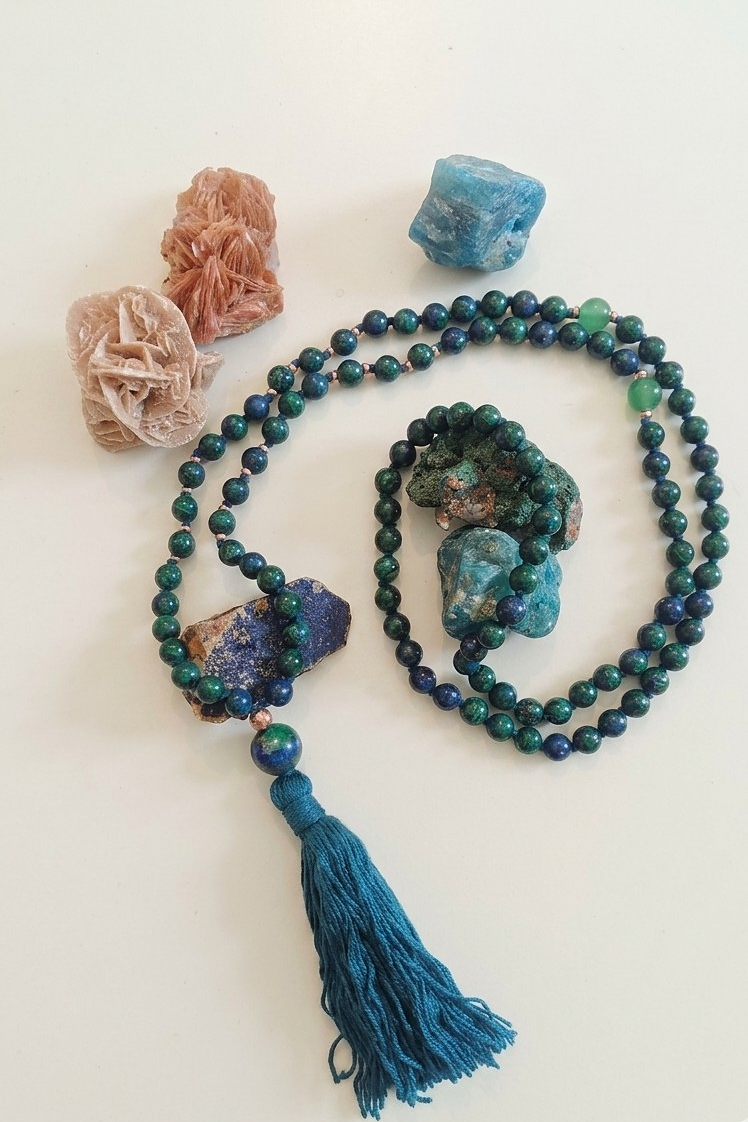 Mala collana da meditazione in Azzurrite, Rame