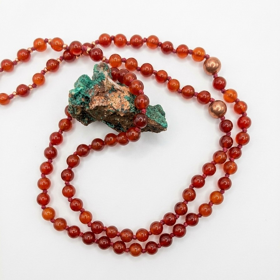 Mala fatta a mano con pietre dure naturali in Agata rossa, Lepidolite, Pietra Guru Diaspro oceano, Rame