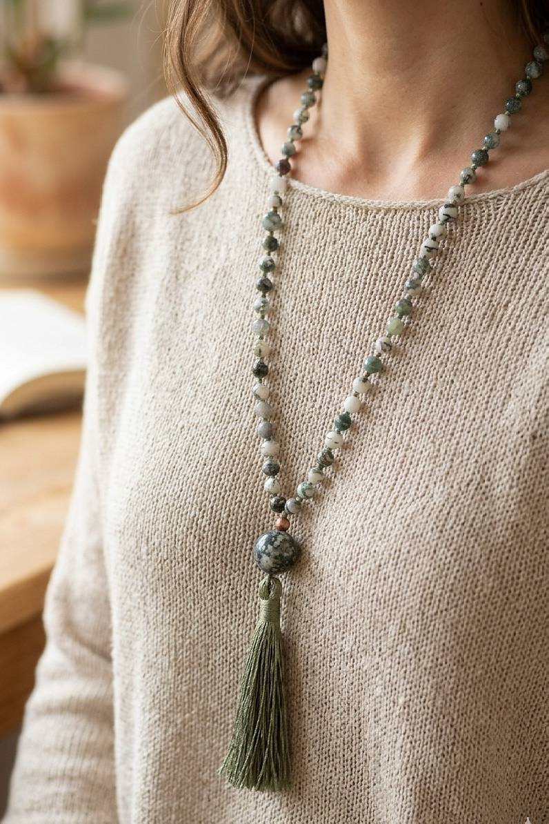 Mala 108 in Agata albero, Pietra guru Agata albero, Rame