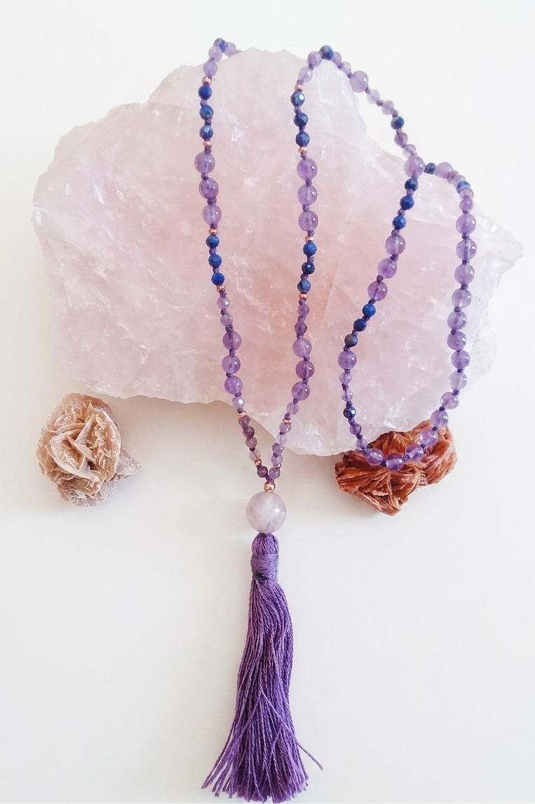 Mala collana 108 perle di Ametista e Lapislazzuli, Pietra Guru Ametista, Rame