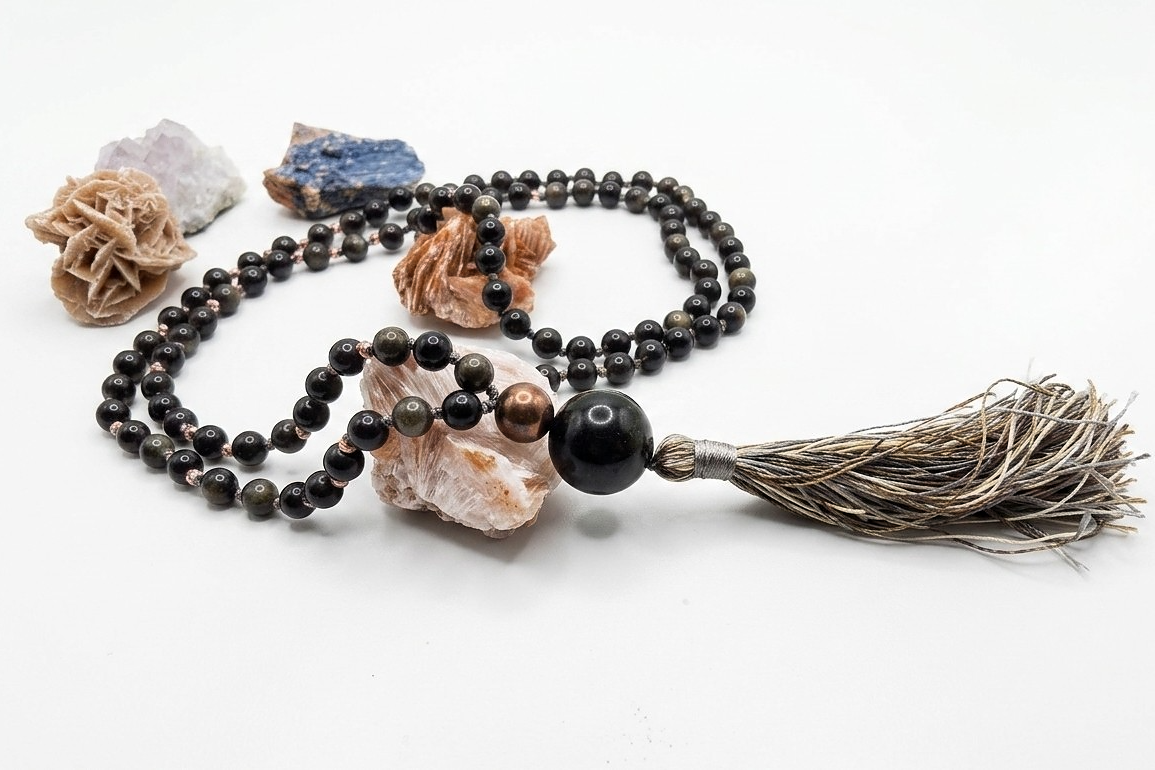 Mala da meditazione in Ossidiana dorata, Pietra Guru Ossidiana dorata, Rame