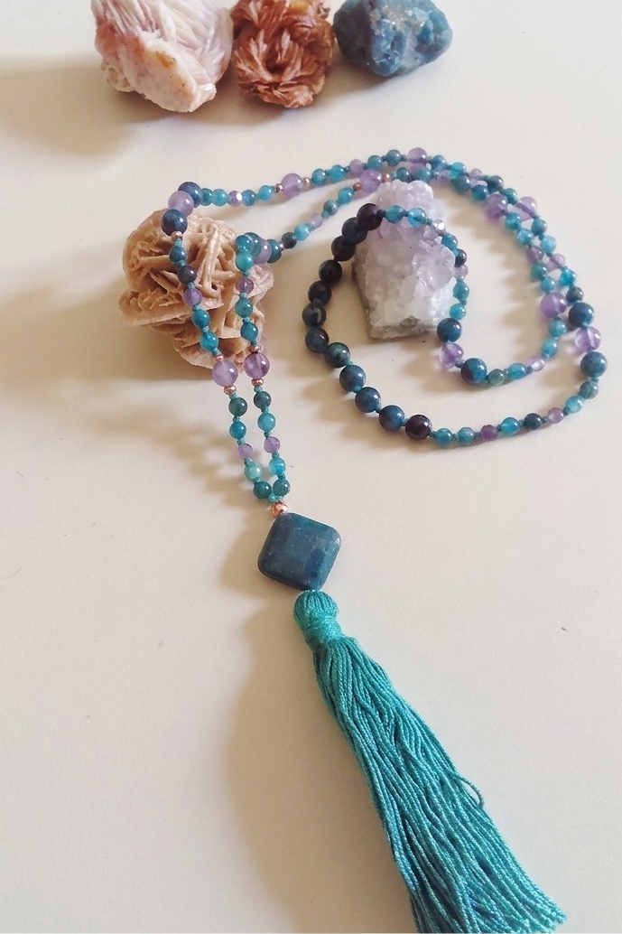 Mala collana 108 perle di Ametista e Apatite, Pietra Guru Apatite, Rame